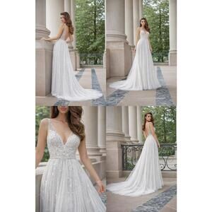 Ivory Champagne Beaded Bridal Gown Deep V Neck  Back  Flowing Tulle Train sz 16